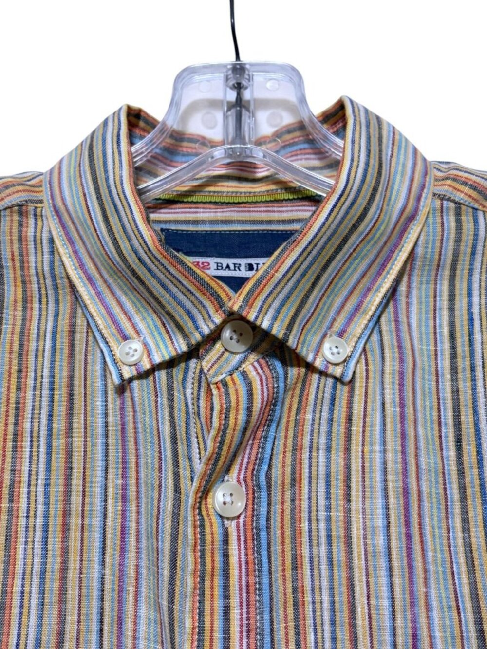 32 Bar Blues Linen Shirt M Long Sleeves Button Down Rainbow Stripes 100% Linen